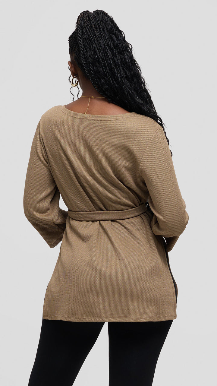 Vivo Rema 3/4 Sleeve Side Slit Tunic Top in Rib- Taupe