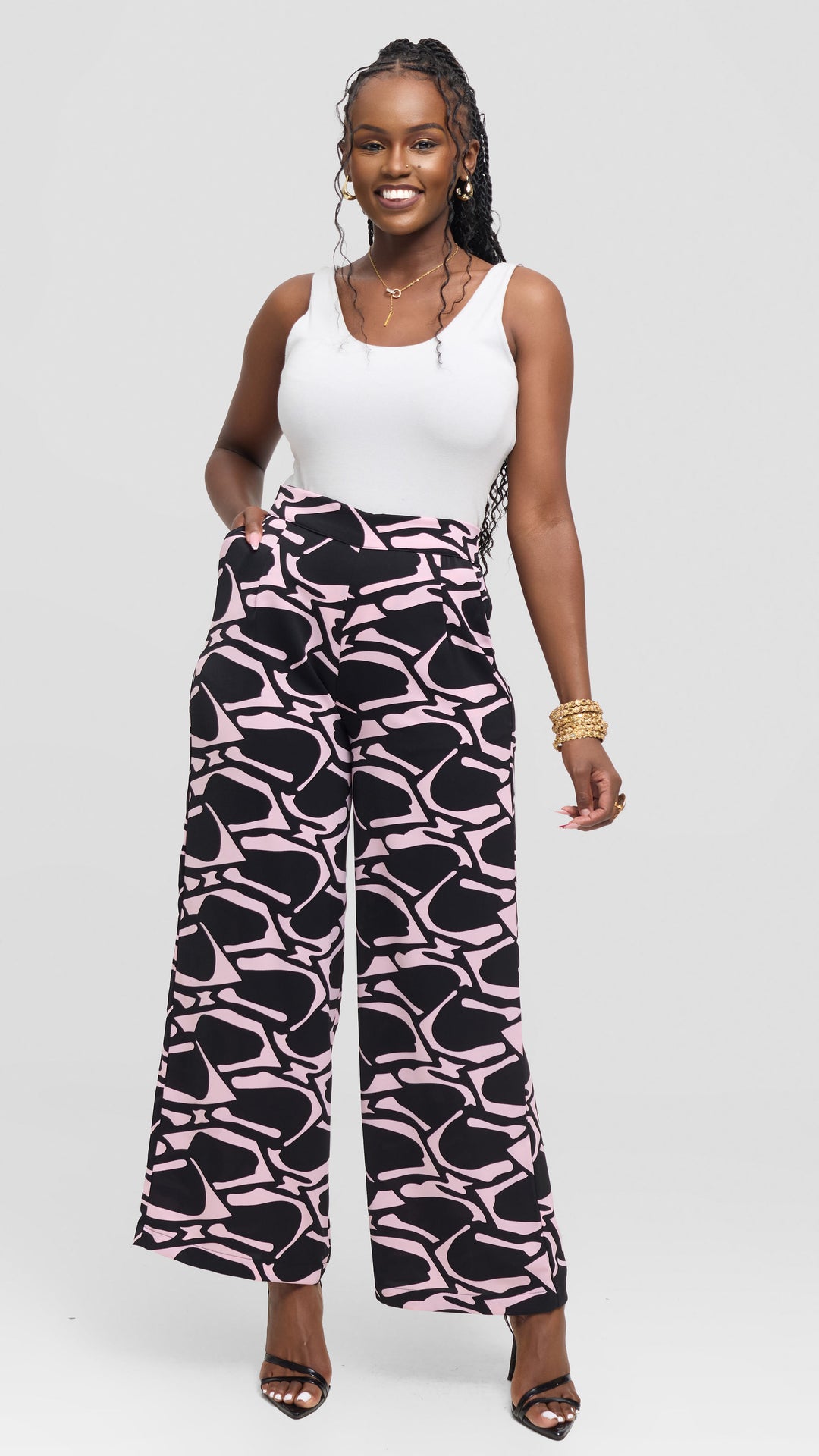 Vivo Maisha Straight Leg Pants - Peach / Pink Print