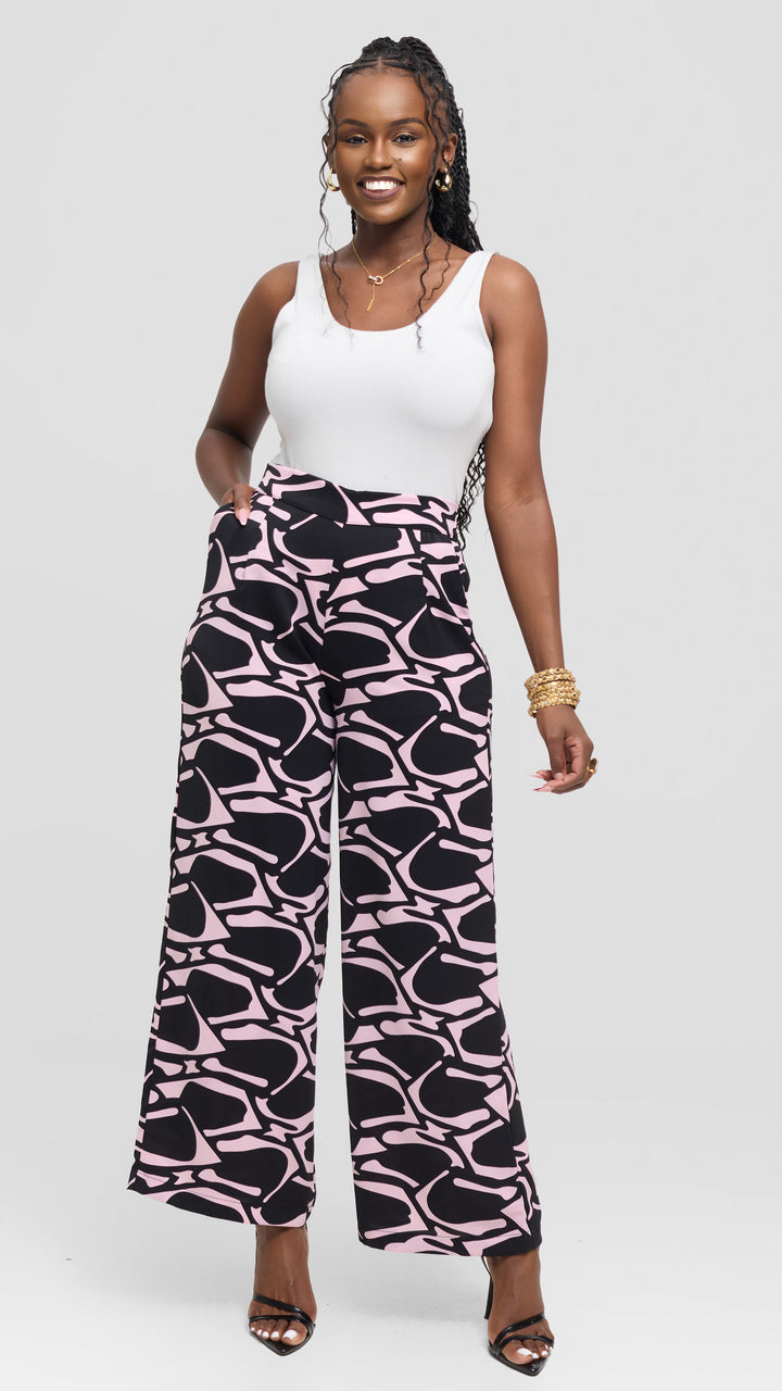 Vivo Maisha Straight Leg Pants - Peach / Pink Print