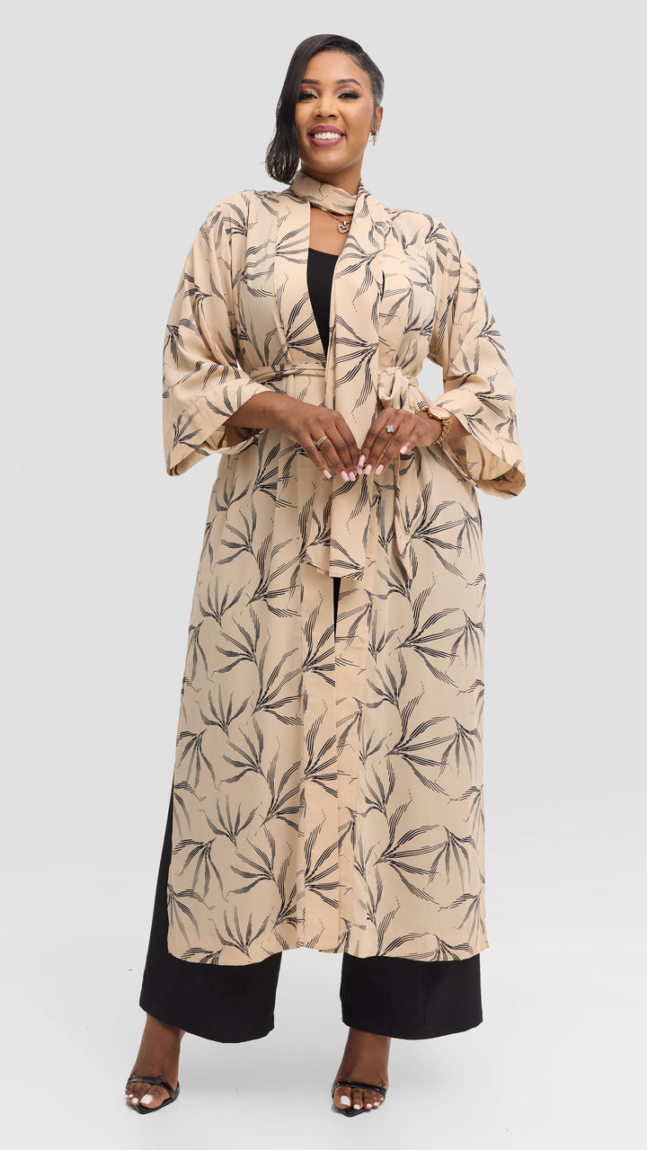 Vivo Maxi Kimono in Chiffon - Beige / Black Print
