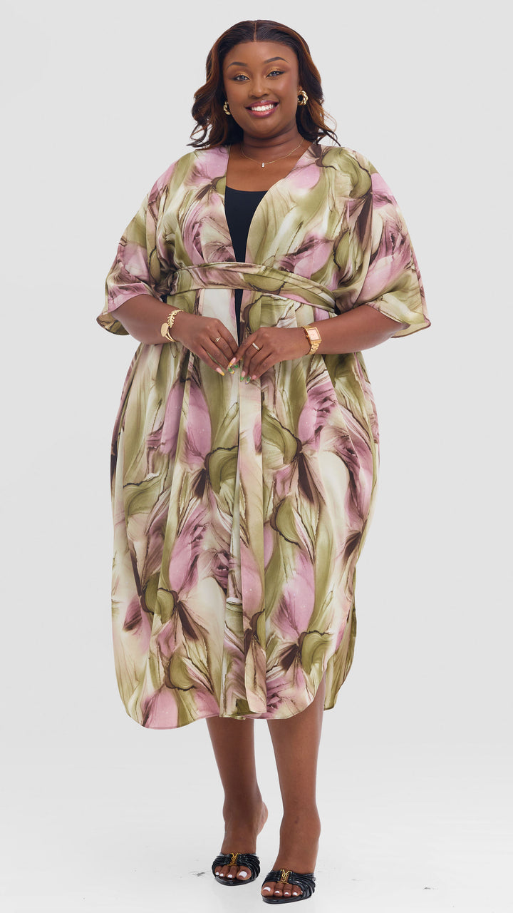 Vivo Scalloped Kimono in Crepe - Dusty Pink / Olive Print