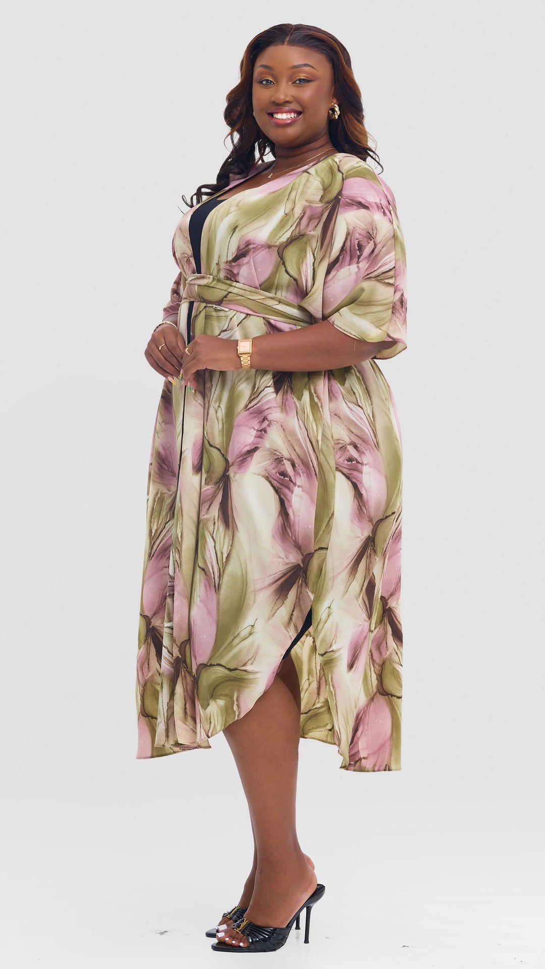 Vivo Scalloped Kimono in Crepe - Dusty Pink / Olive Print