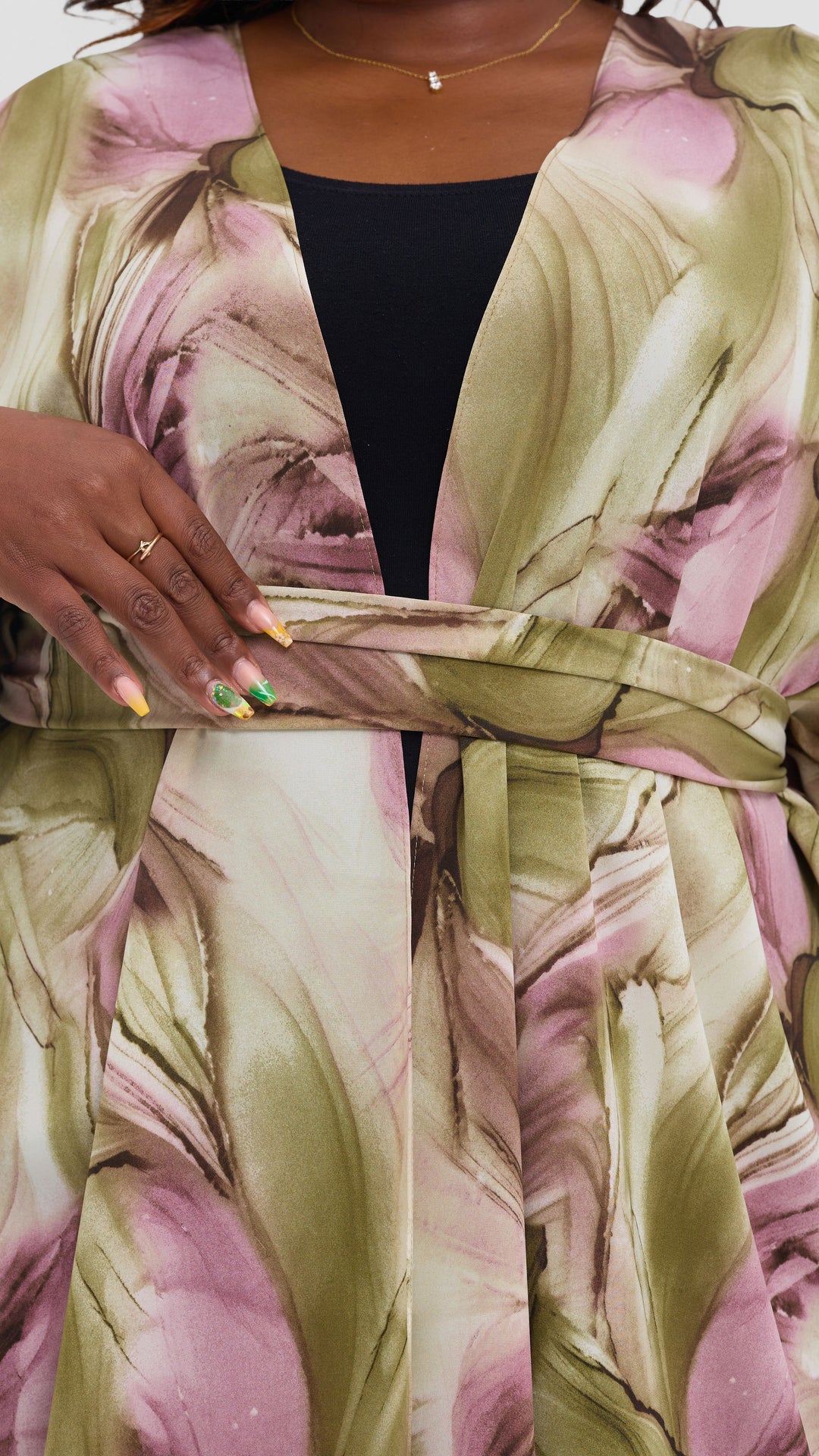 Vivo Scalloped Kimono in Crepe - Dusty Pink / Olive Print