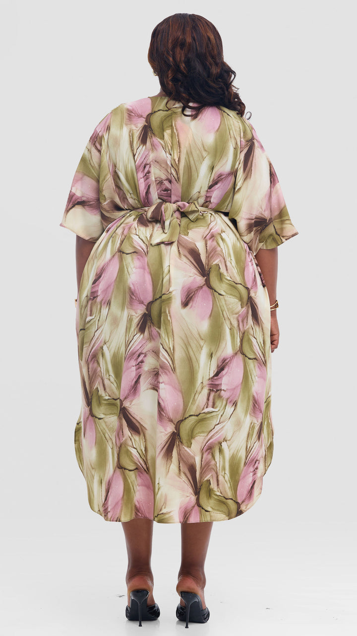 Vivo Scalloped Kimono in Crepe - Dusty Pink / Olive Print