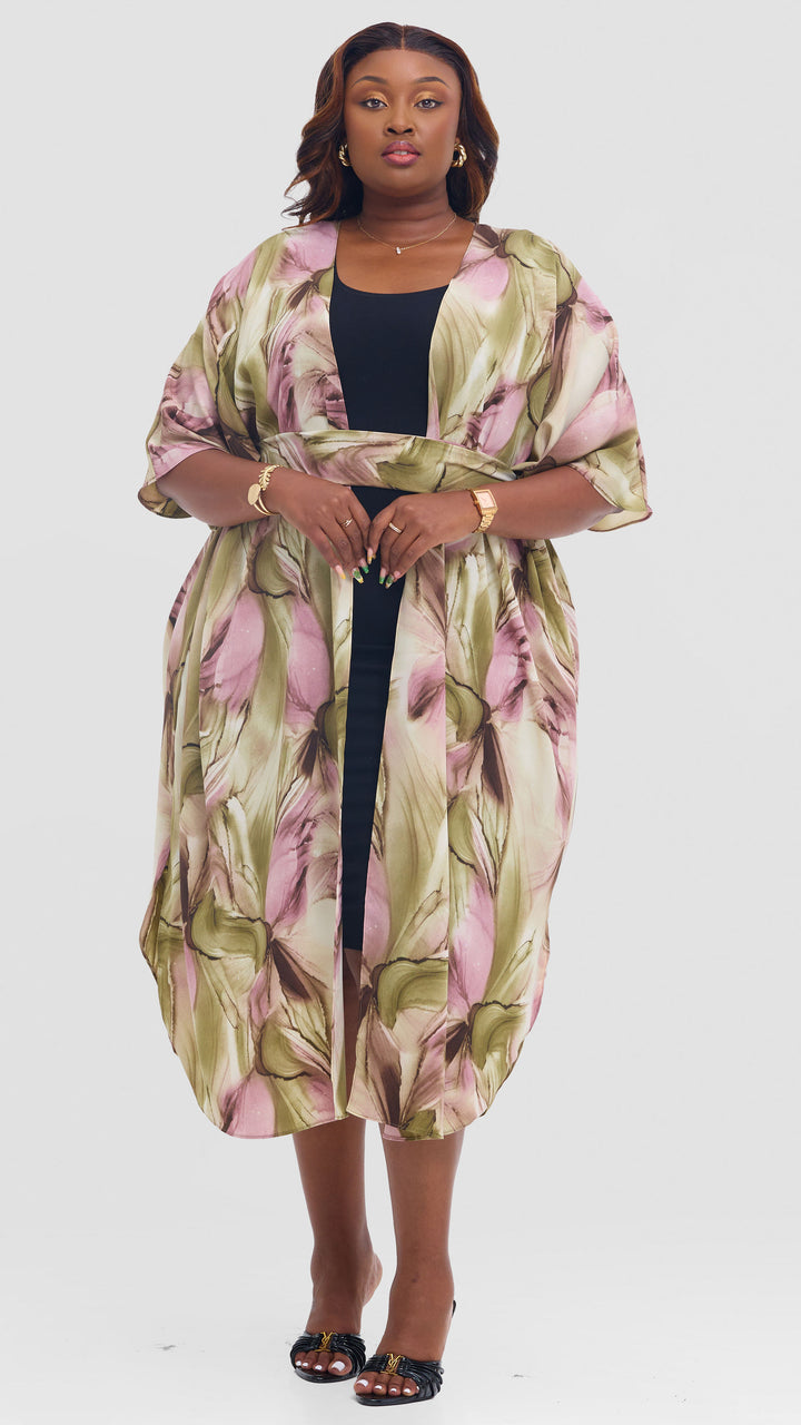 Vivo Scalloped Kimono in Crepe - Dusty Pink / Olive Print