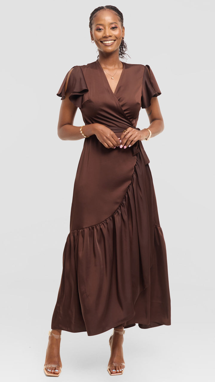 Vivo Hanabi Wrap Maxi Dress in Satin - Chocolate