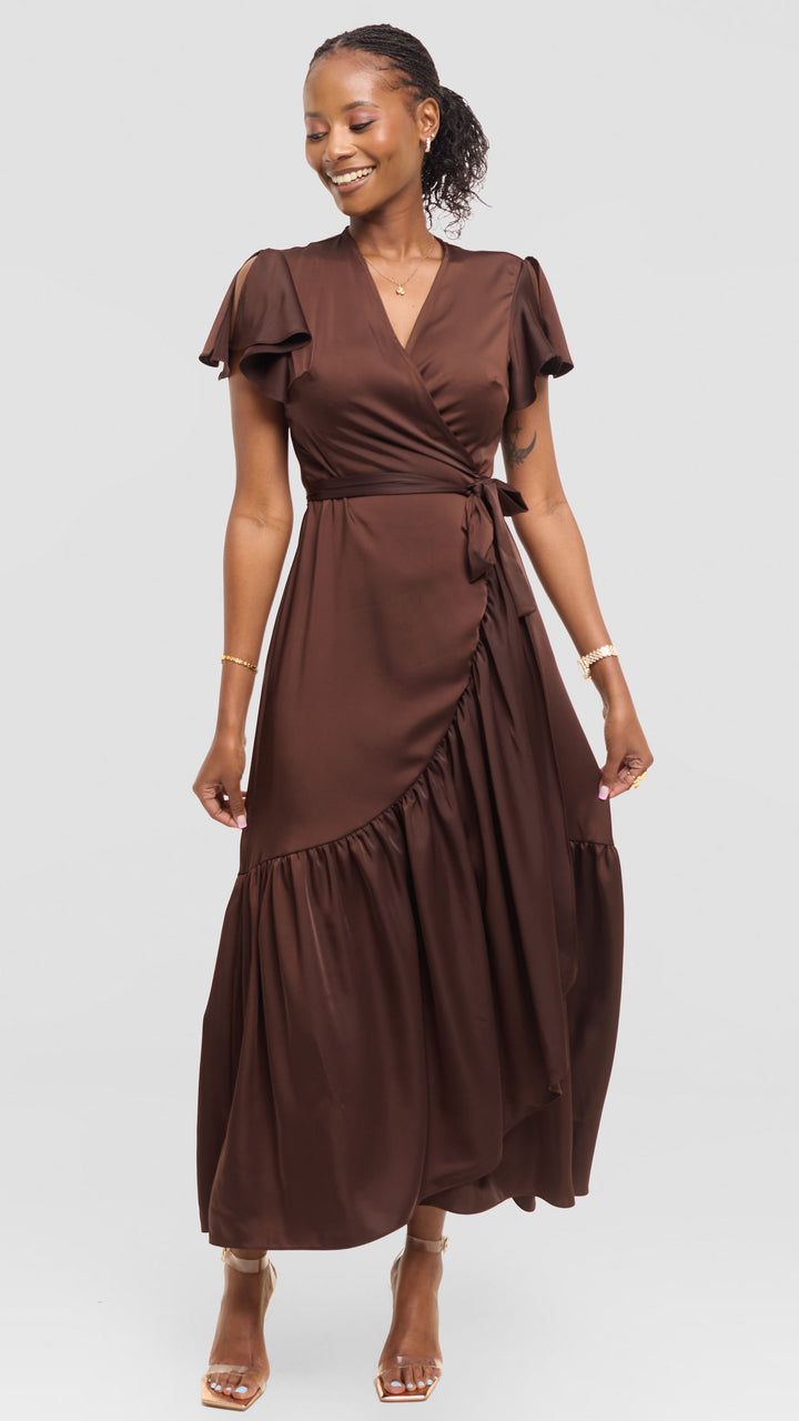 Vivo Hanabi Wrap Maxi Dress in Satin - Chocolate