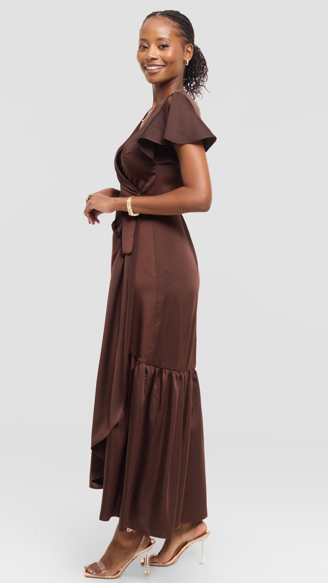 Vivo Hanabi Wrap Maxi Dress in Satin - Chocolate