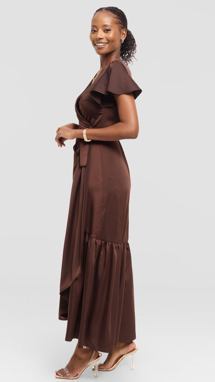 Vivo Hanabi Wrap Maxi Dress in Satin - Chocolate