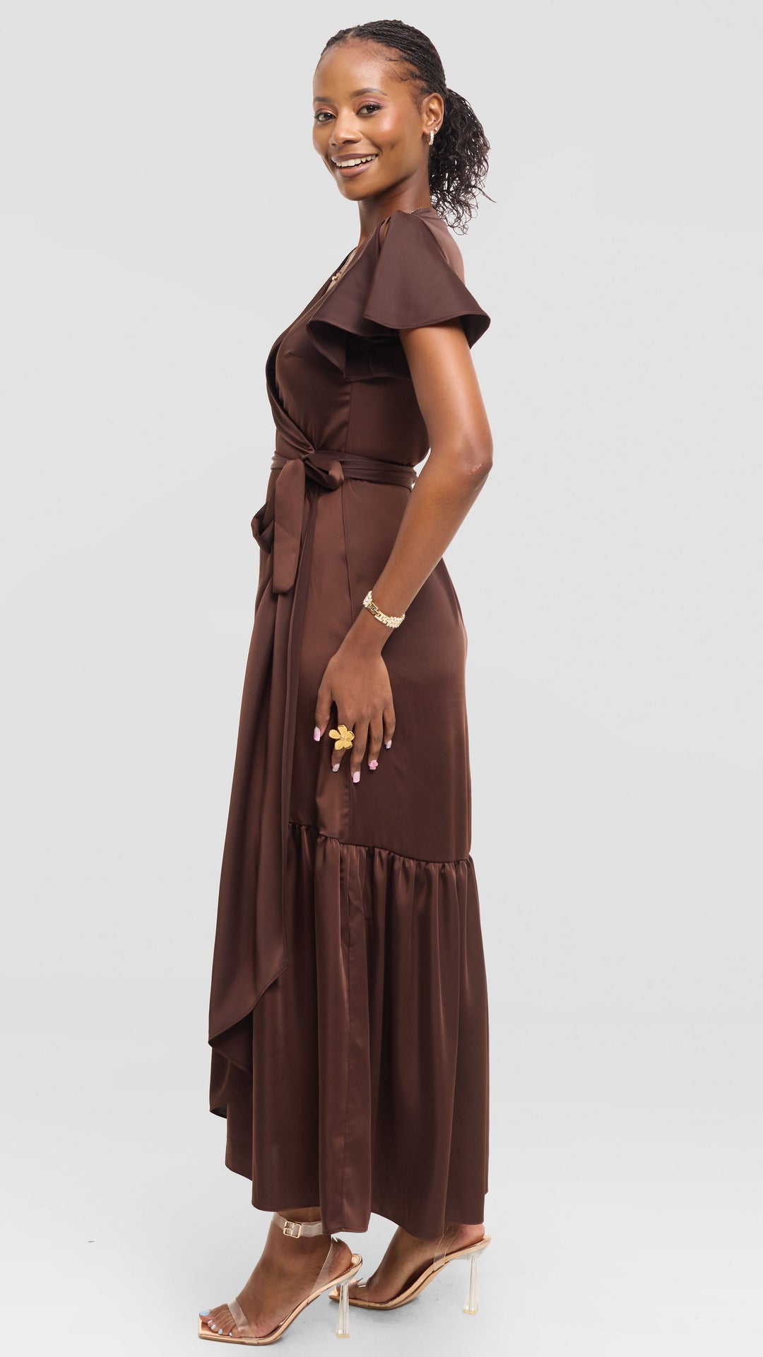 Vivo Hanabi Wrap Maxi Dress in Satin - Chocolate