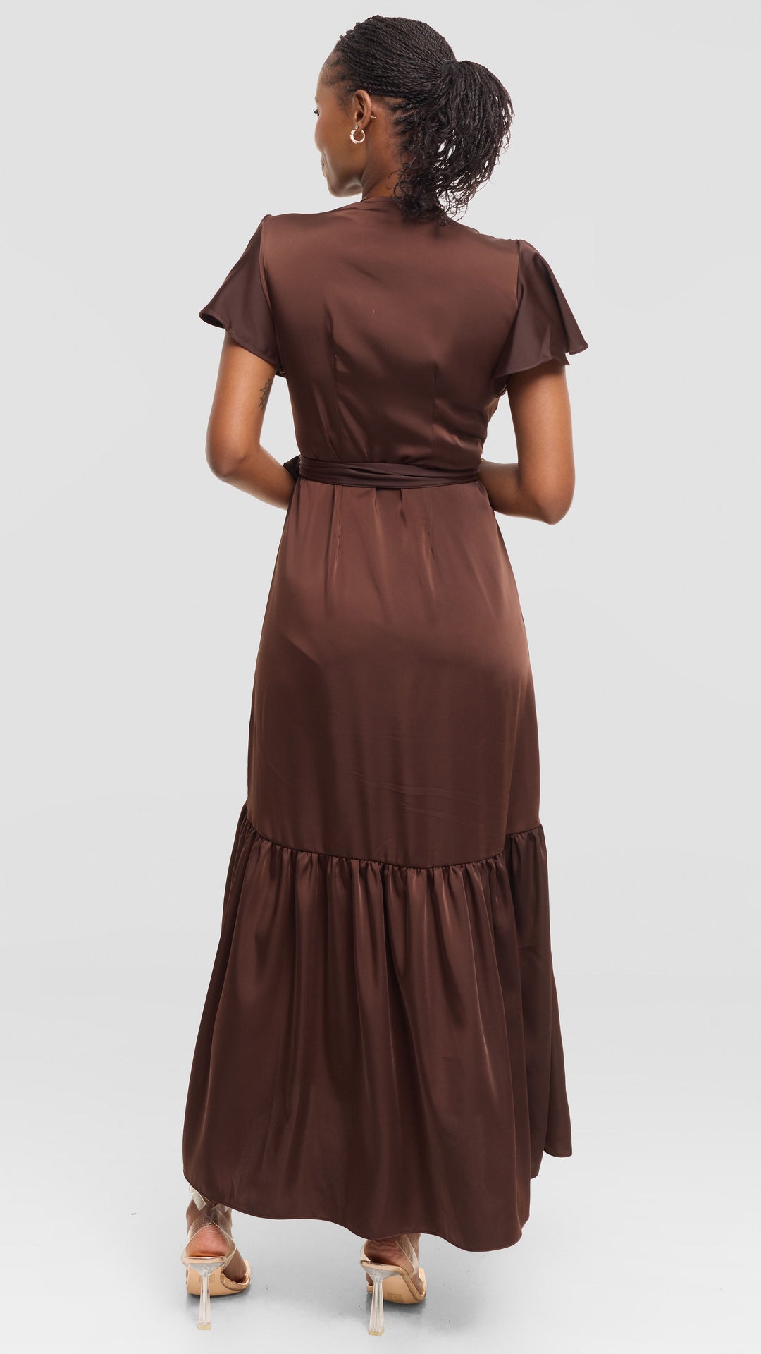 Vivo Hanabi Wrap Maxi Dress in Satin - Chocolate