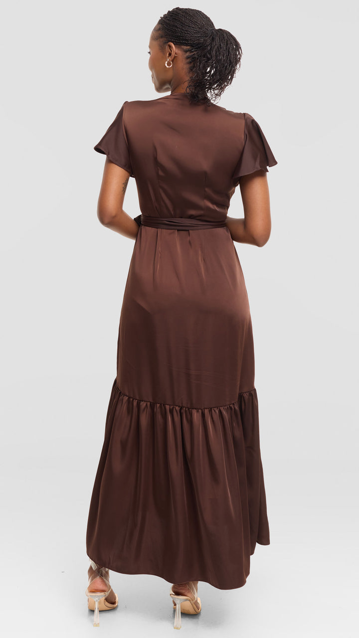 Vivo Hanabi Wrap Maxi Dress in Satin - Chocolate