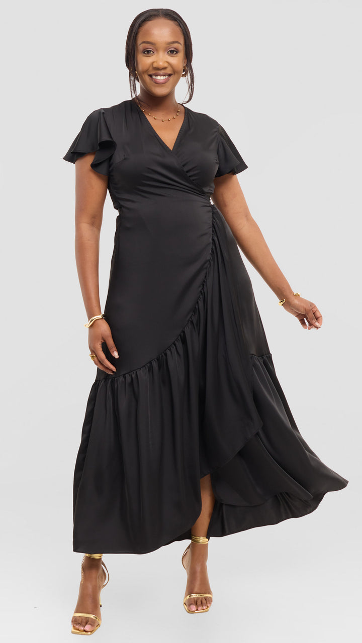 Vivo Hanabi Wrap Maxi Dress in Satin - Black