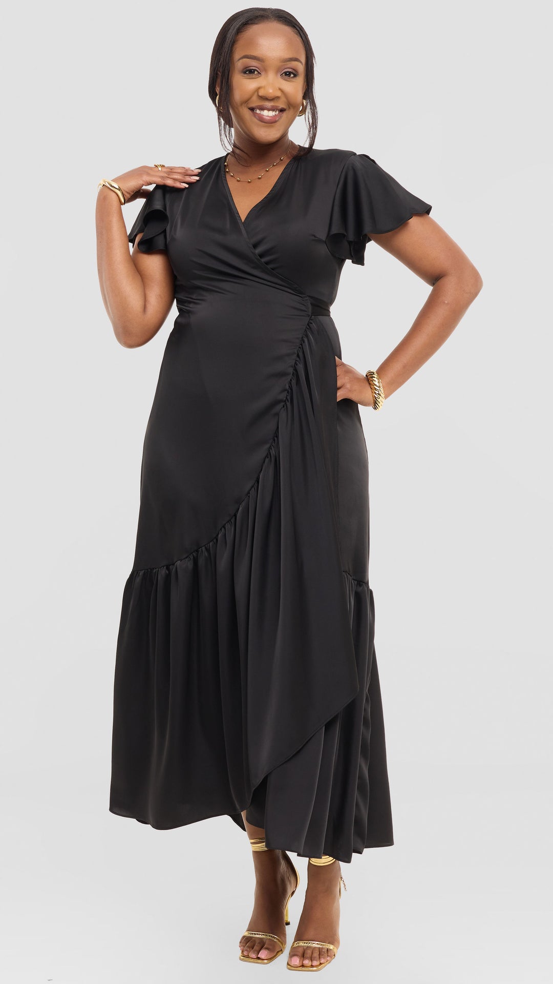 Vivo Hanabi Wrap Maxi Dress in Satin - Black