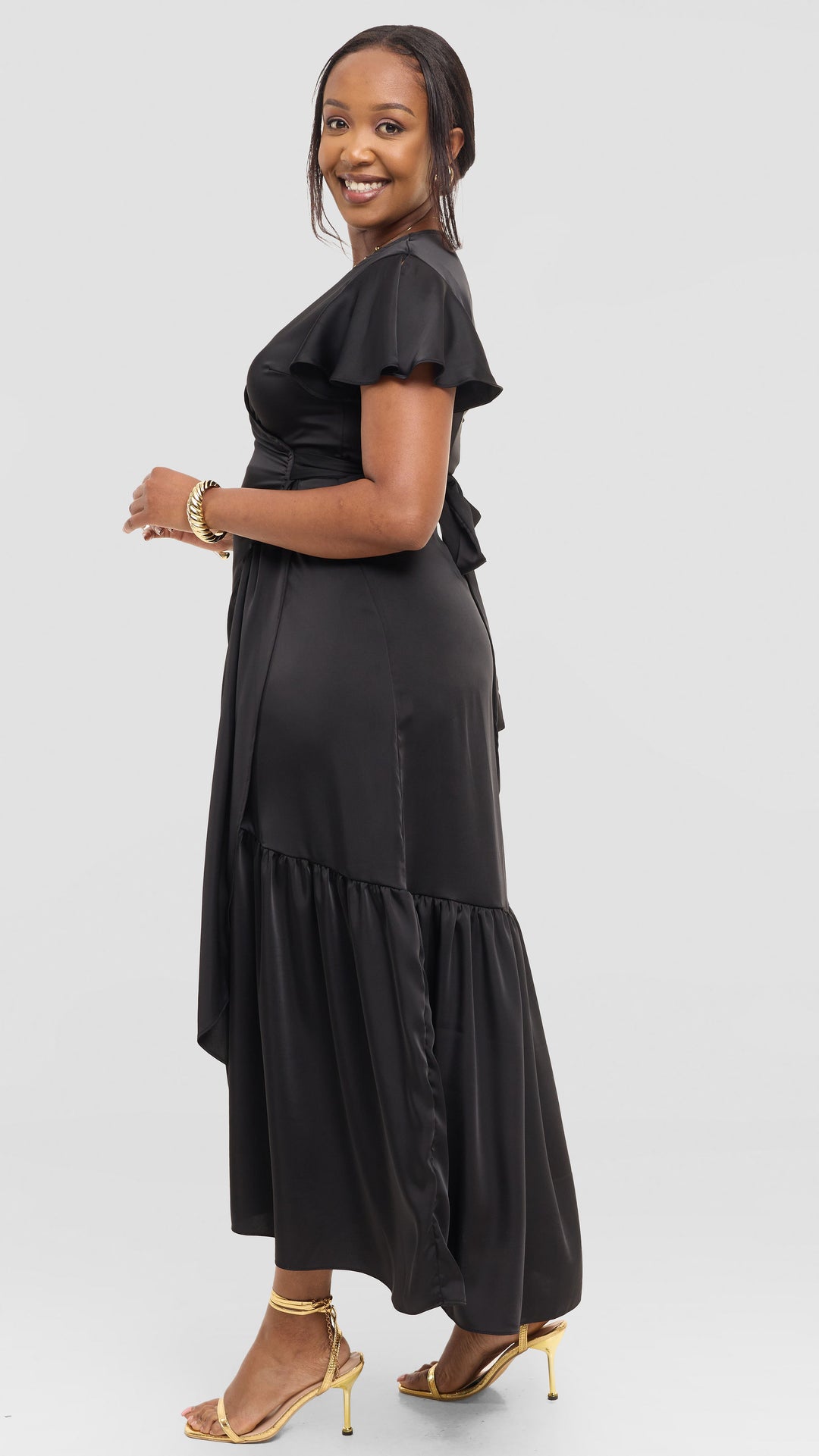 Vivo Hanabi Wrap Maxi Dress in Satin - Black
