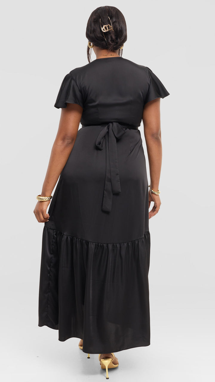 Vivo Hanabi Wrap Maxi Dress in Satin - Black