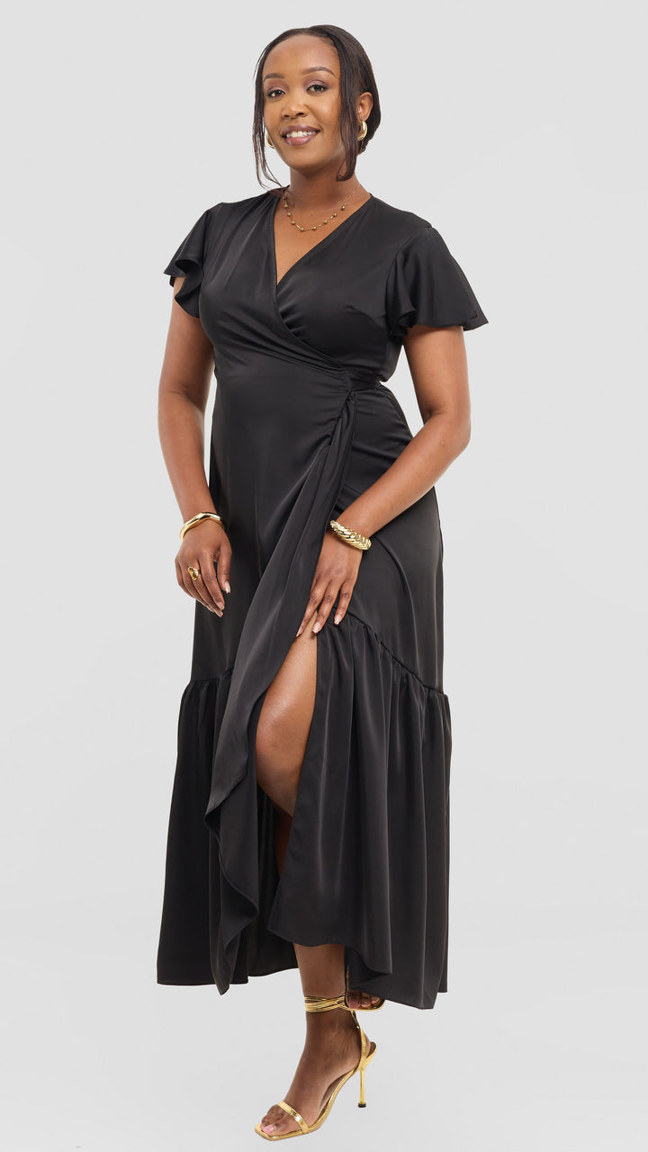Vivo Hanabi Wrap Maxi Dress in Satin - Black