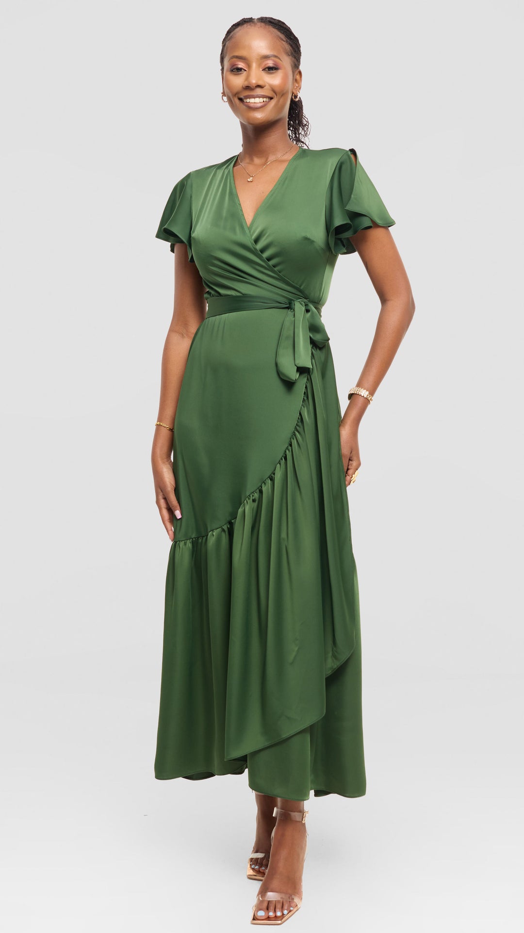 Vivo Hanabi Wrap Maxi Dress in Satin - Dusty Green