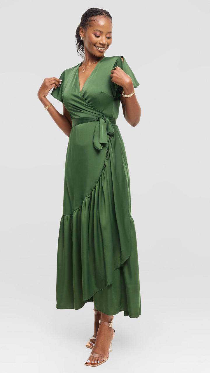 Vivo Hanabi Wrap Maxi Dress in Satin - Dusty Green