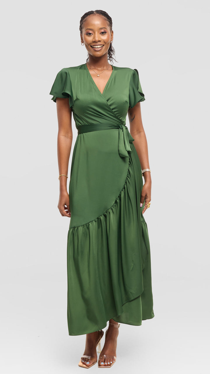 Vivo Hanabi Wrap Maxi Dress in Satin - Dusty Green
