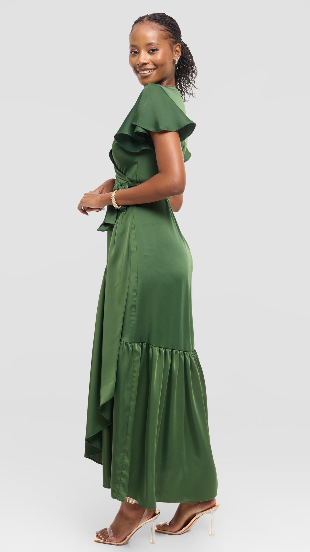 Vivo Hanabi Wrap Maxi Dress in Satin - Dusty Green