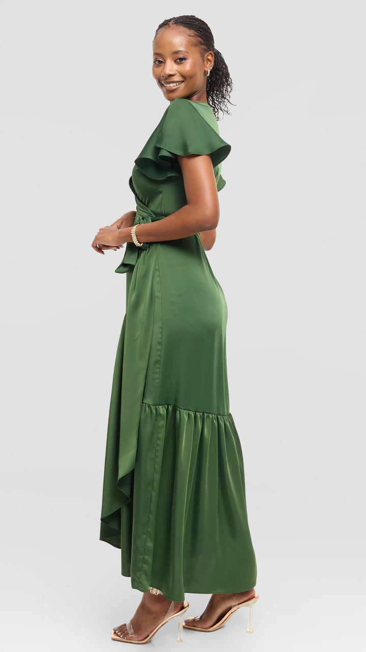 Vivo Hanabi Wrap Maxi Dress in Satin - Dusty Green