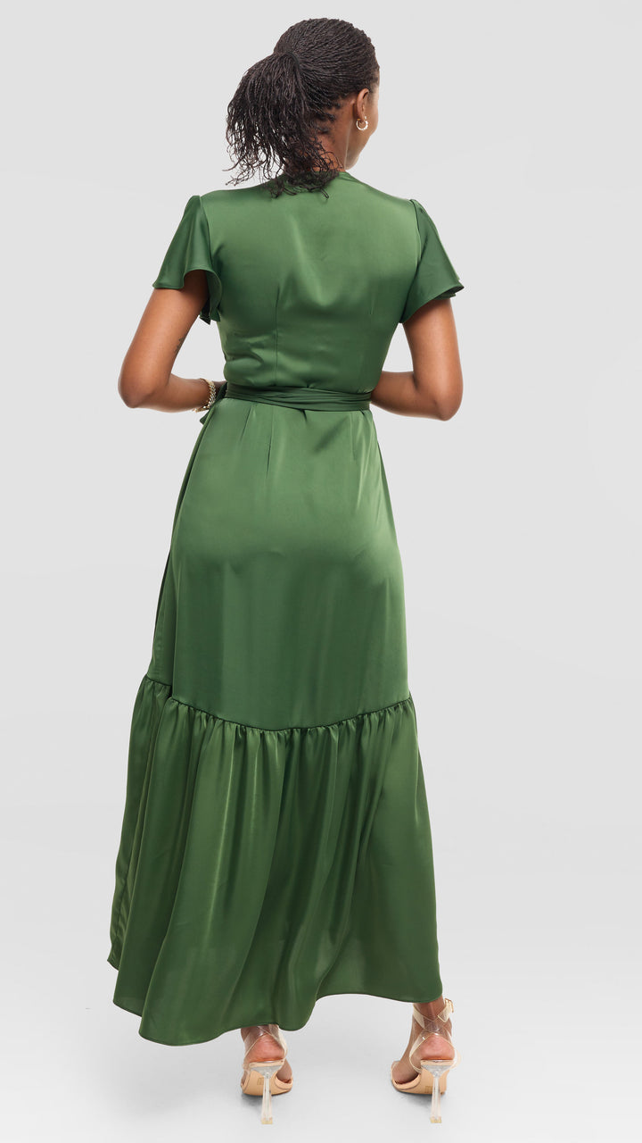 Vivo Hanabi Wrap Maxi Dress in Satin - Dusty Green