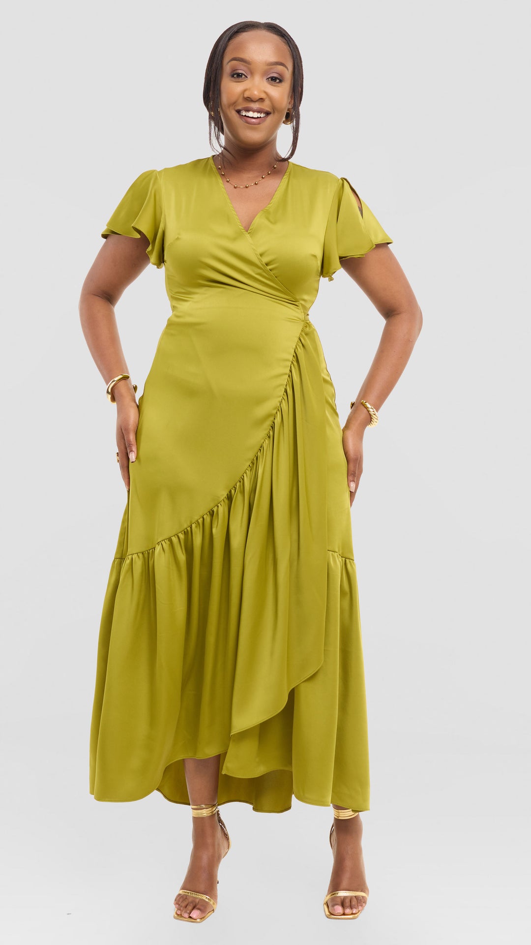 Vivo Hanabi Wrap Maxi Dress in Satin - Olive