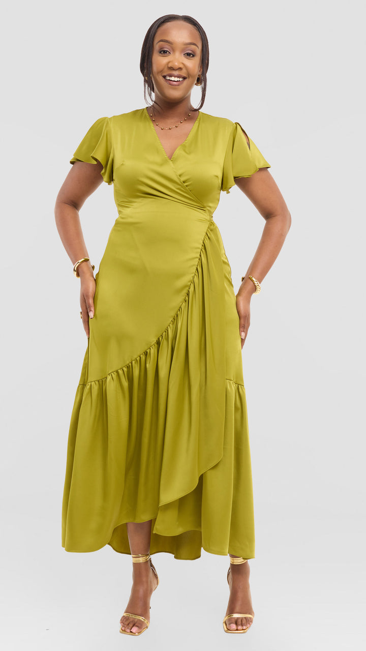 Vivo Hanabi Wrap Maxi Dress in Satin - Olive