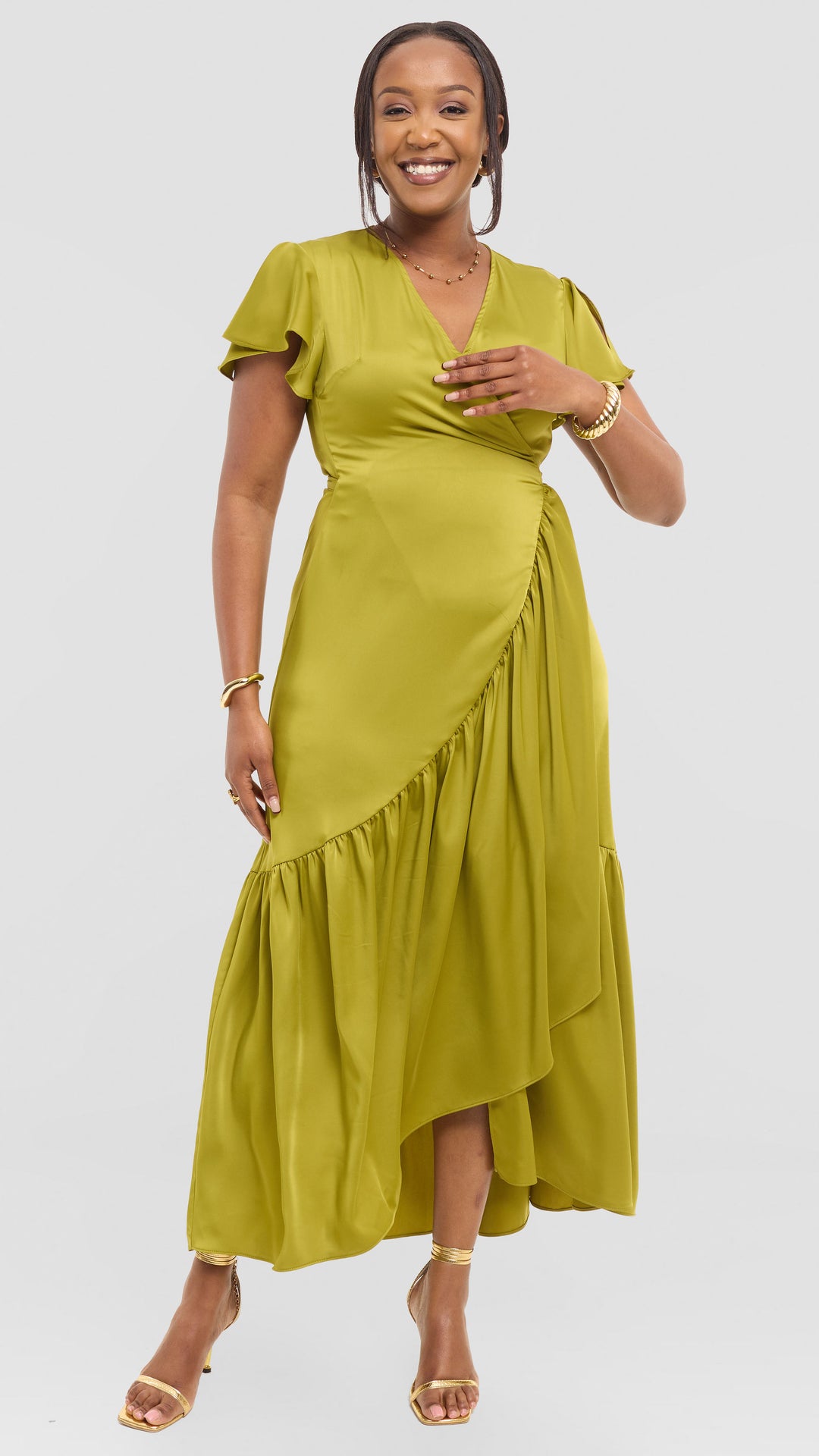 Vivo Hanabi Wrap Maxi Dress in Satin - Olive