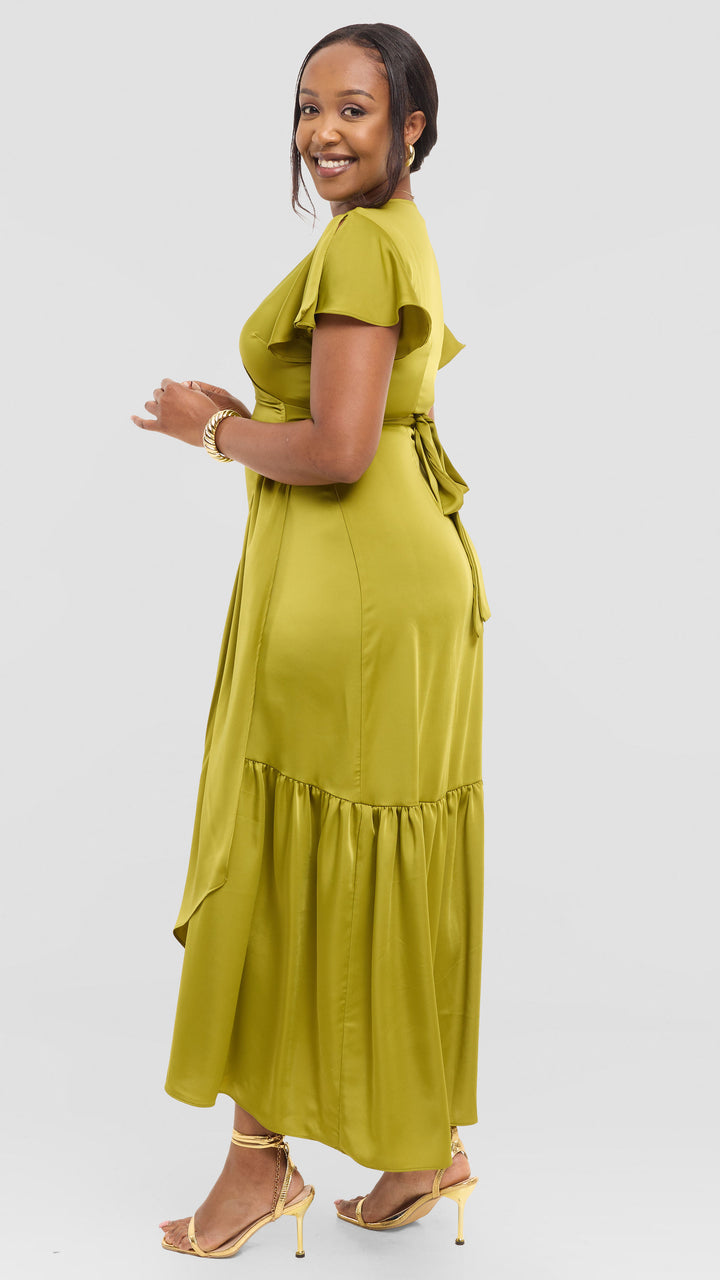 Vivo Hanabi Wrap Maxi Dress in Satin - Olive