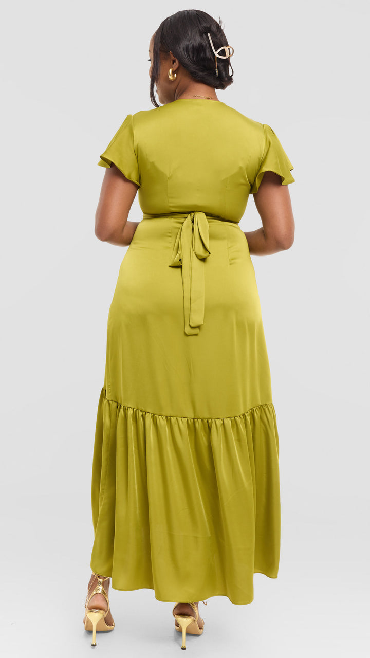 Vivo Hanabi Wrap Maxi Dress in Satin - Olive