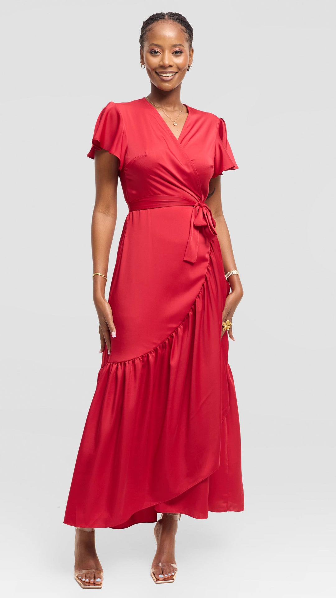 Vivo Hanabi Wrap Maxi Dress in Satin - Dark Red