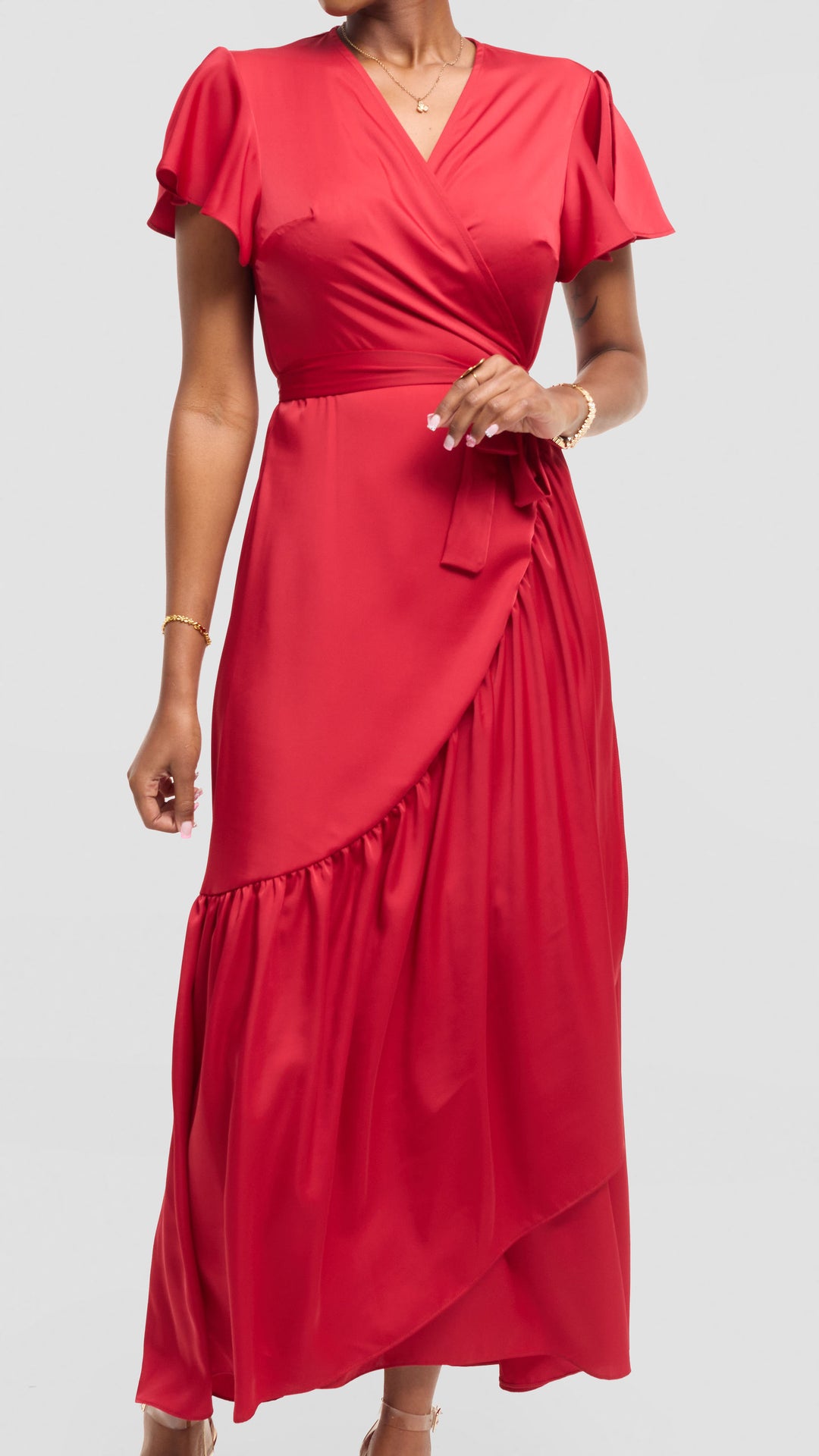 Vivo Hanabi Wrap Maxi Dress in Satin - Dark Red