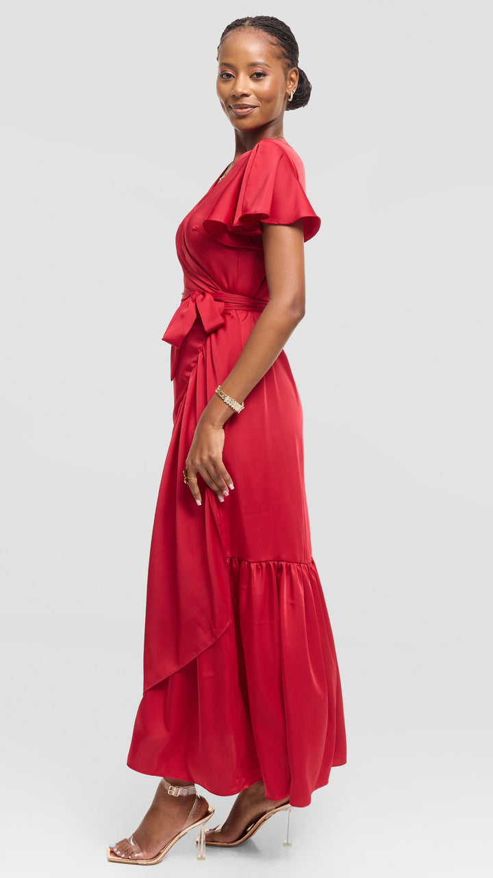 Vivo Hanabi Wrap Maxi Dress in Satin - Dark Red