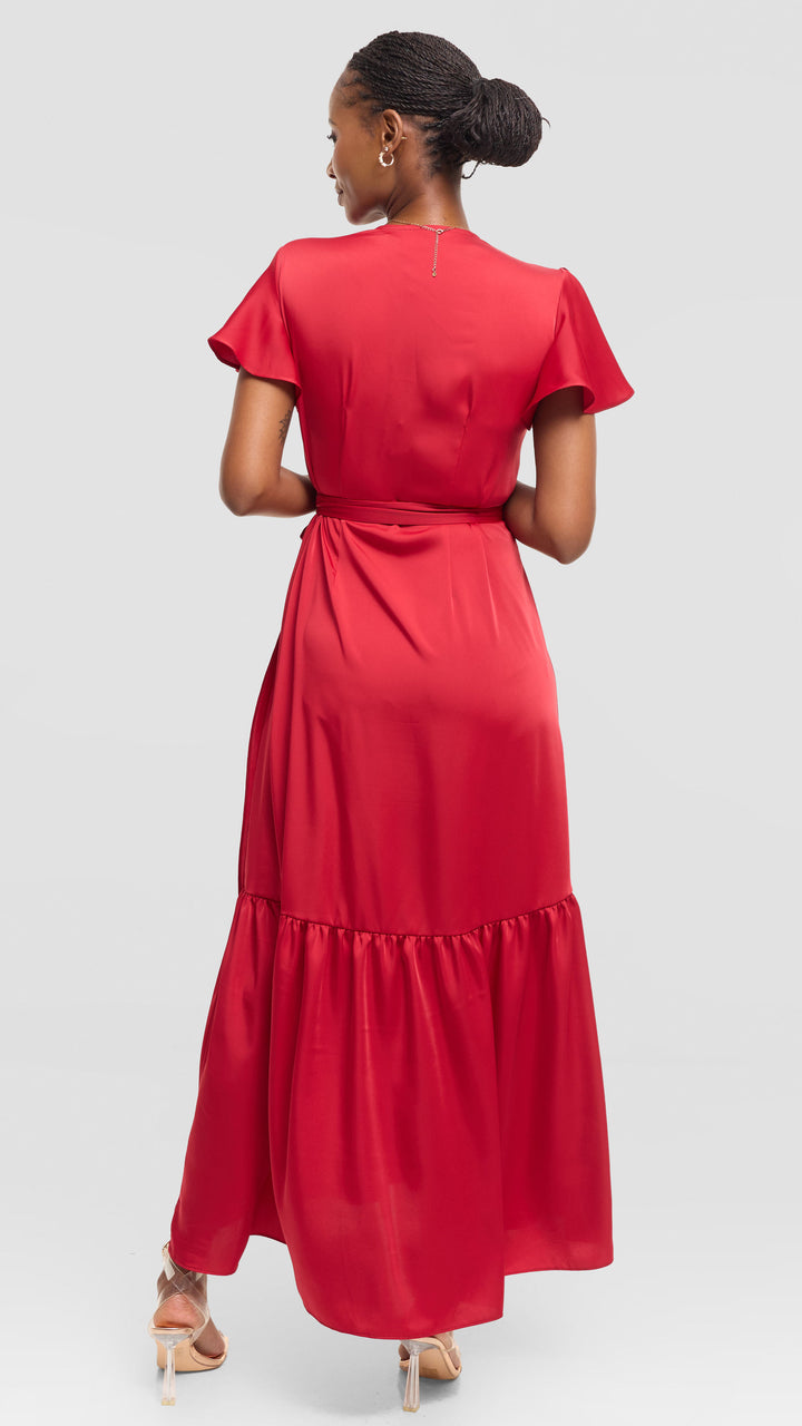 Vivo Hanabi Wrap Maxi Dress in Satin - Dark Red
