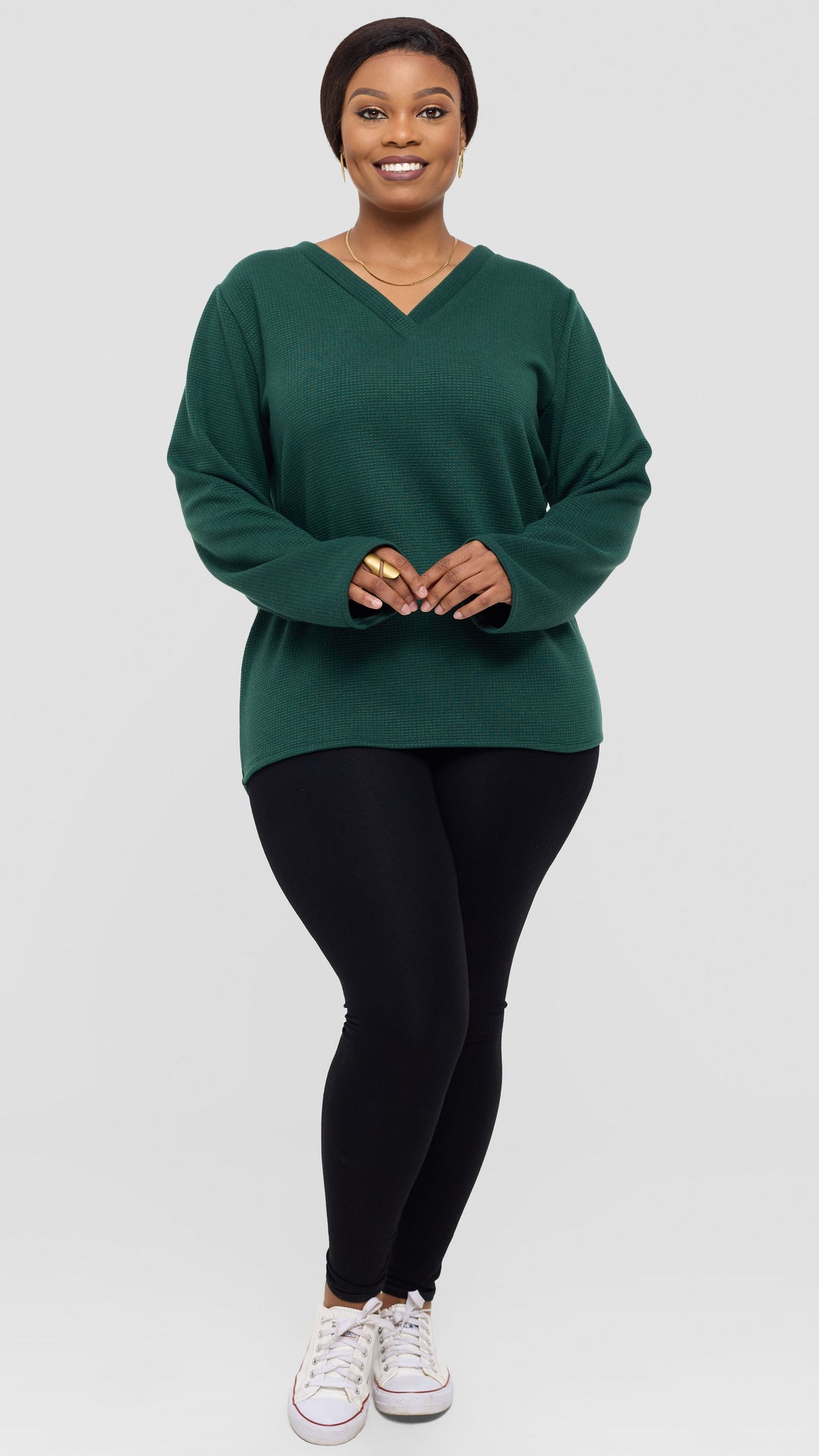 Shiv Shikie X Safari V-Neck Long Sleeve Sweatshirt in Rib - Dark Green