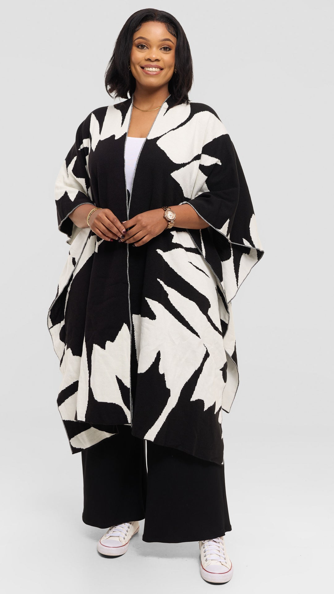 Vivo Reversible Poncho without Fringes - Black / Off White Pepeo Print