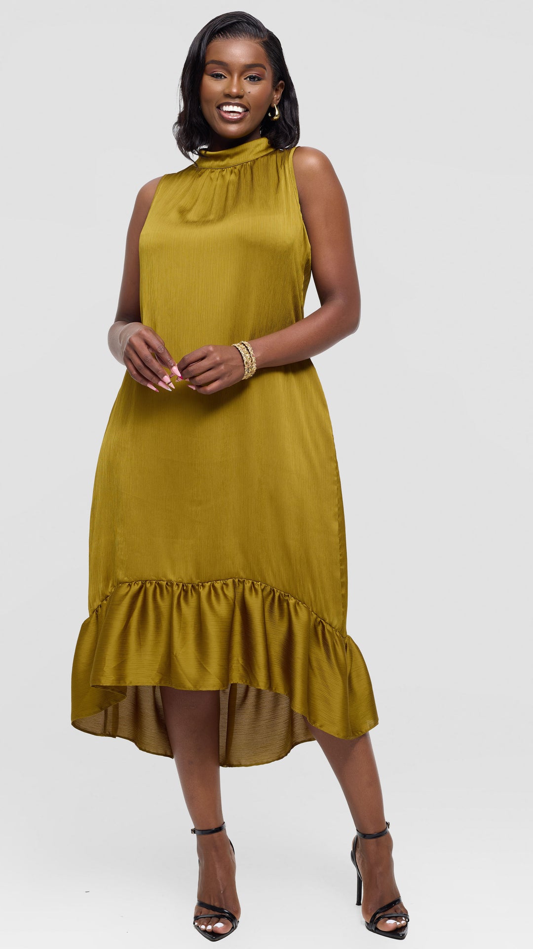 Vivo Samira Midi Dress in Textured Satin - Dark Olive