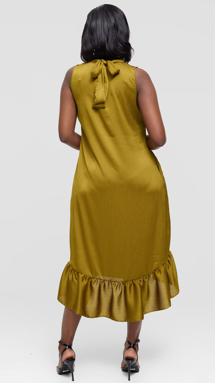 Vivo Samira Midi Dress in Textured Satin - Dark Olive