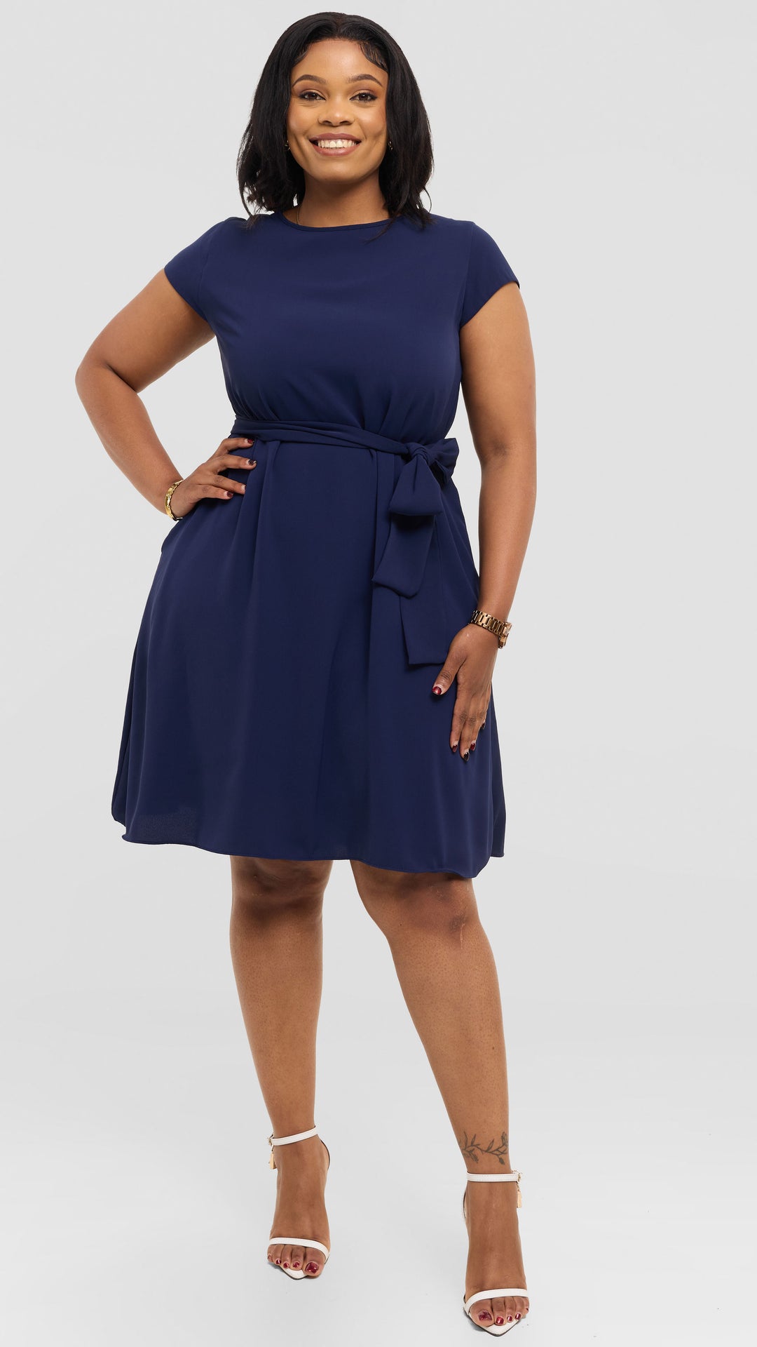 Vivo Basic Cap Sleeve Tent Knee Length Dress in Crepe - Navy