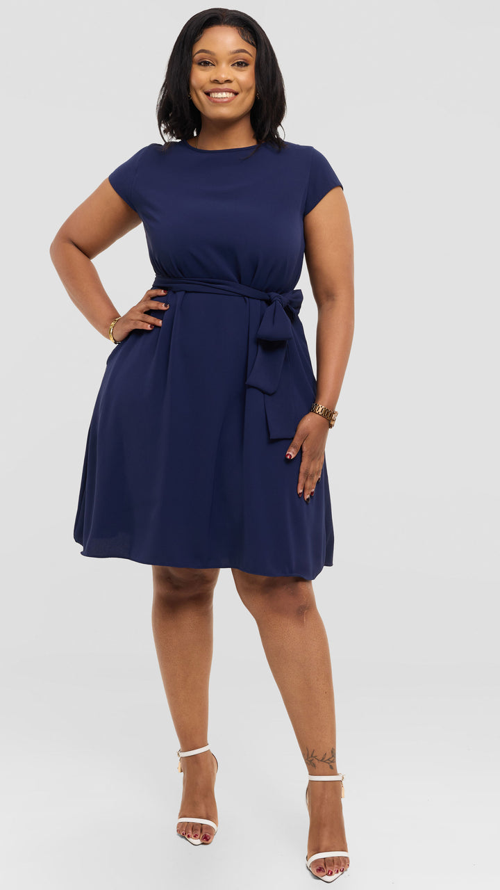 Vivo Basic Cap Sleeve Tent Knee Length Dress in Crepe - Navy