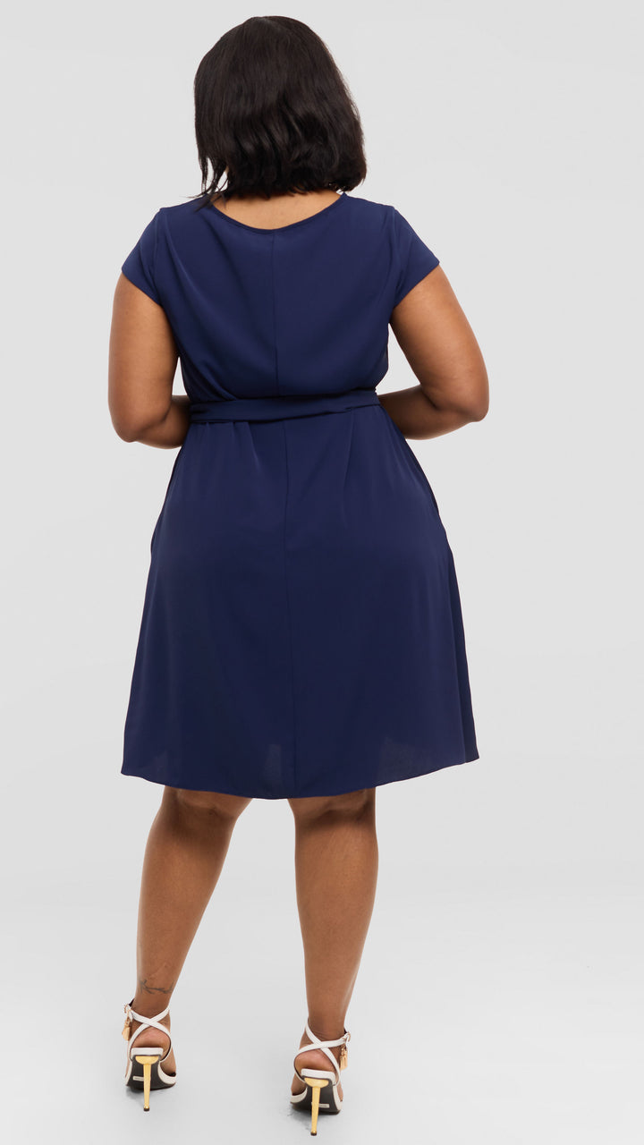 Vivo Basic Cap Sleeve Tent Knee Length Dress in Crepe - Navy