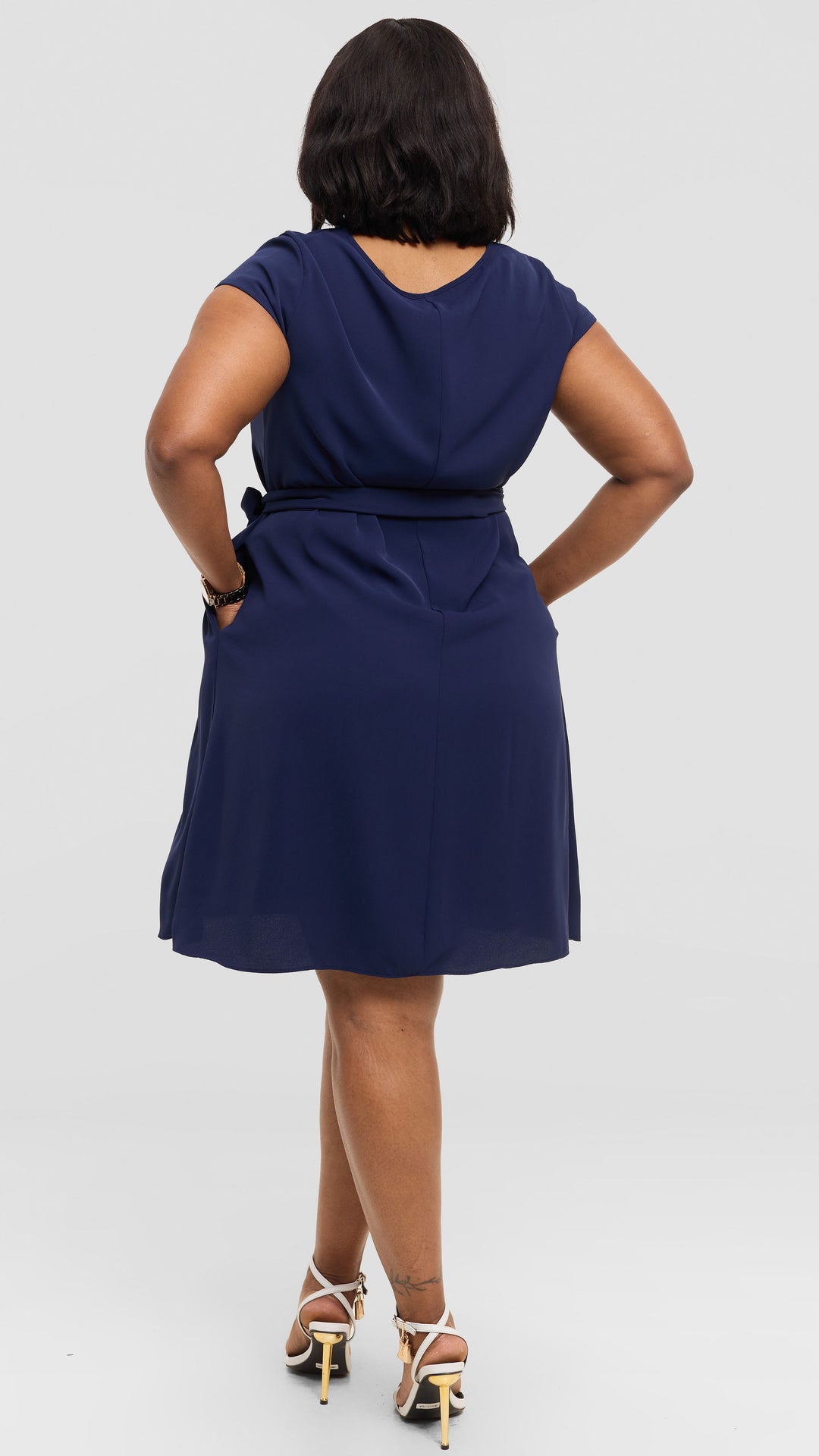 Vivo Basic Cap Sleeve Tent Knee Length Dress in Crepe - Navy