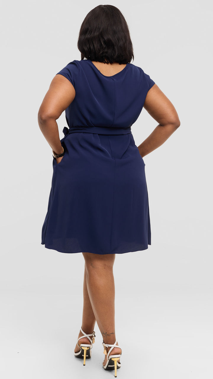 Vivo Basic Cap Sleeve Tent Knee Length Dress in Crepe - Navy