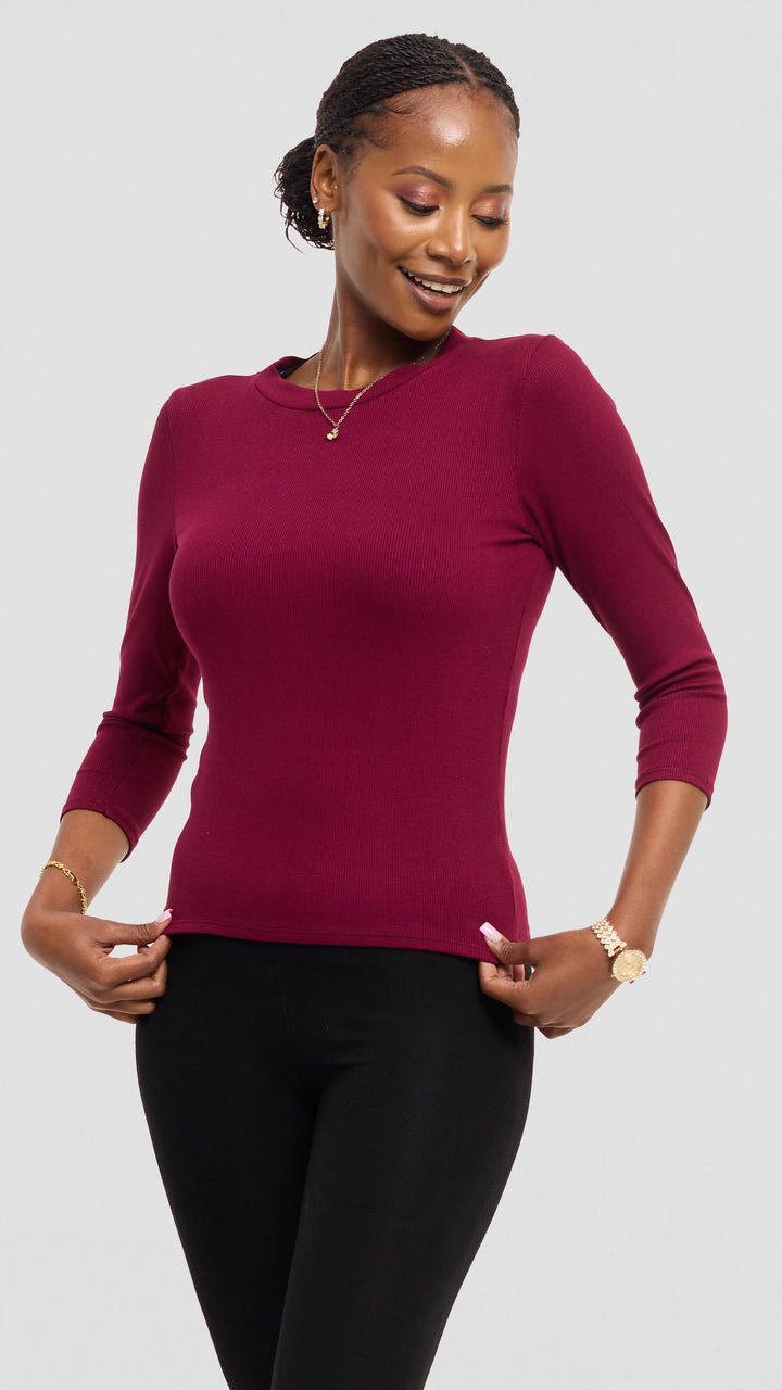 Vivo 3/4 Sleeve Crew Neck Top in Rib - Maroon