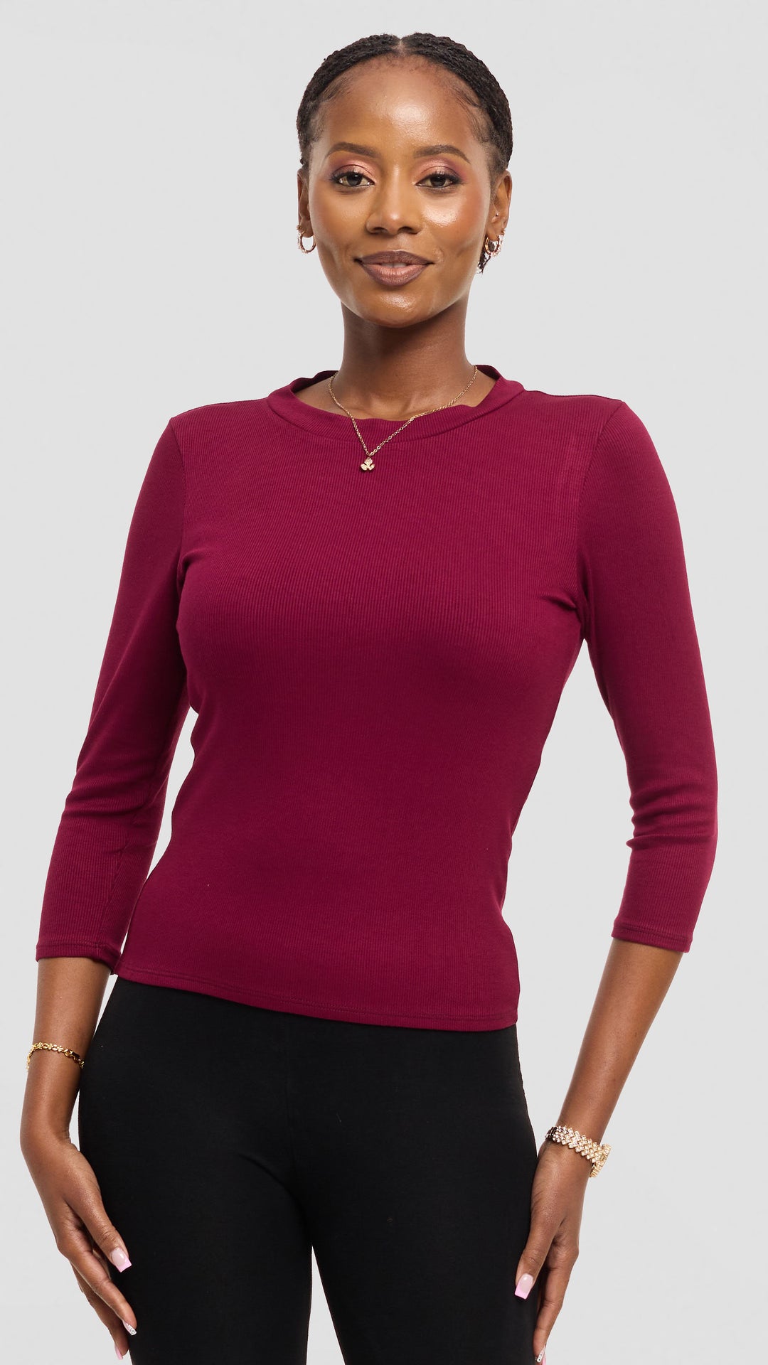 Vivo 3/4 Sleeve Crew Neck Top in Rib - Maroon