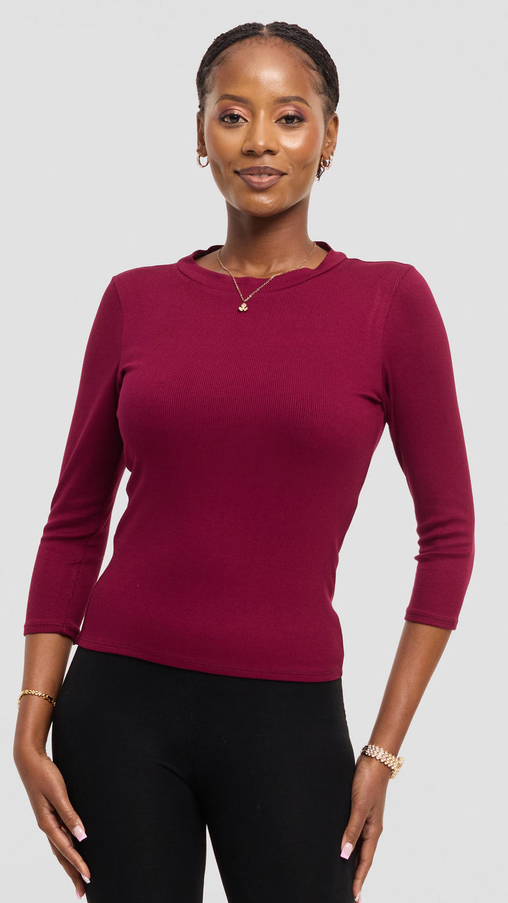 Vivo 3/4 Sleeve Crew Neck Top in Rib - Maroon