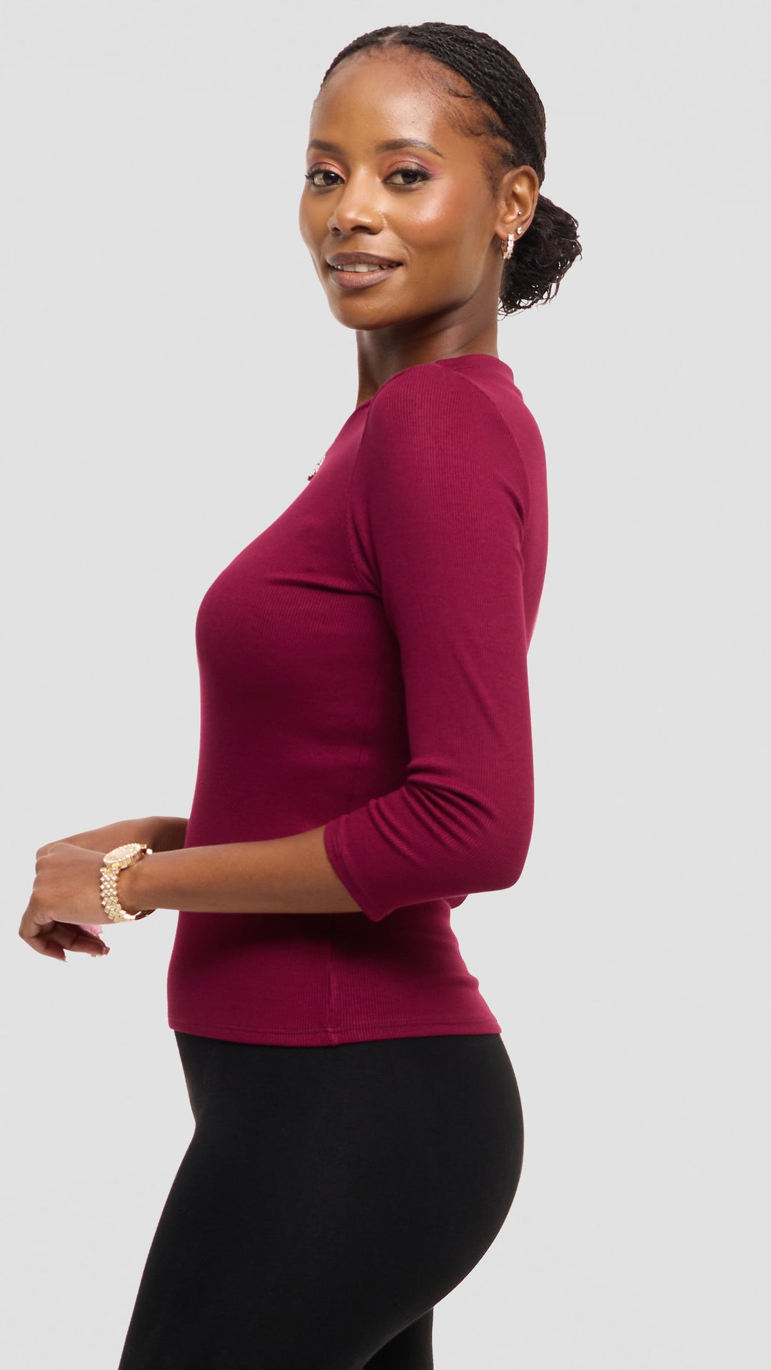 Vivo 3/4 Sleeve Crew Neck Top in Rib - Maroon
