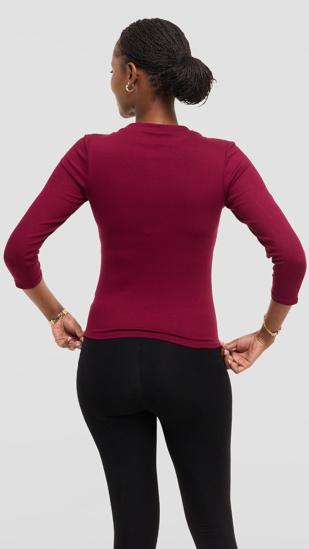 Vivo 3/4 Sleeve Crew Neck Top in Rib - Maroon